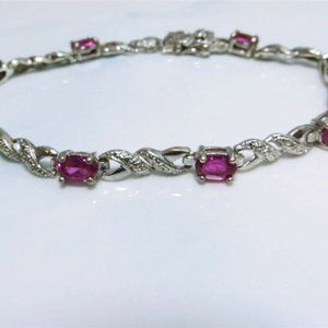 Engrossing Sterling Silver Fancy Diamond Link Ruby 7" Bracelet